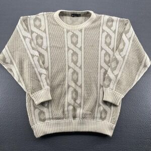 Vintage‎ St Michael Sweater Mens Large Beige Geometric Knit Crewneck Made UK 80s